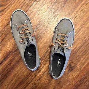Sperry Women’s Canvas Boat Shoes in Gray Green with Tan Leather Laces